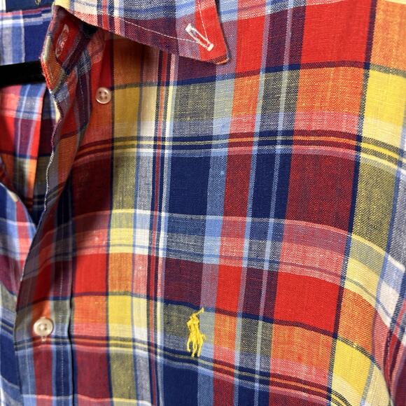 Ralph Lauren Short Sleeve Shirt Large Linen Madras Plaid Red preppy golf Chore - Picture 3 of 10